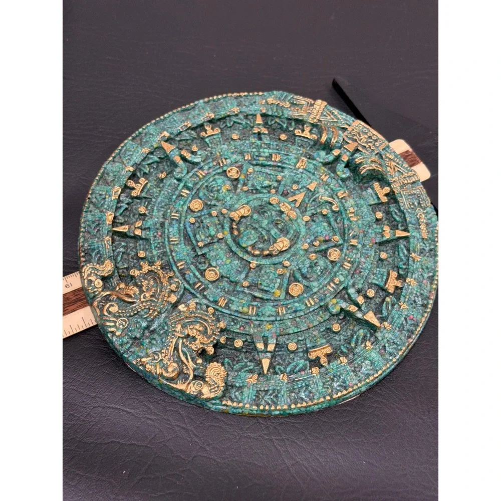 Aztec Sun‎ Stone Wall Plaque Large Green Gold  Calendar Wall